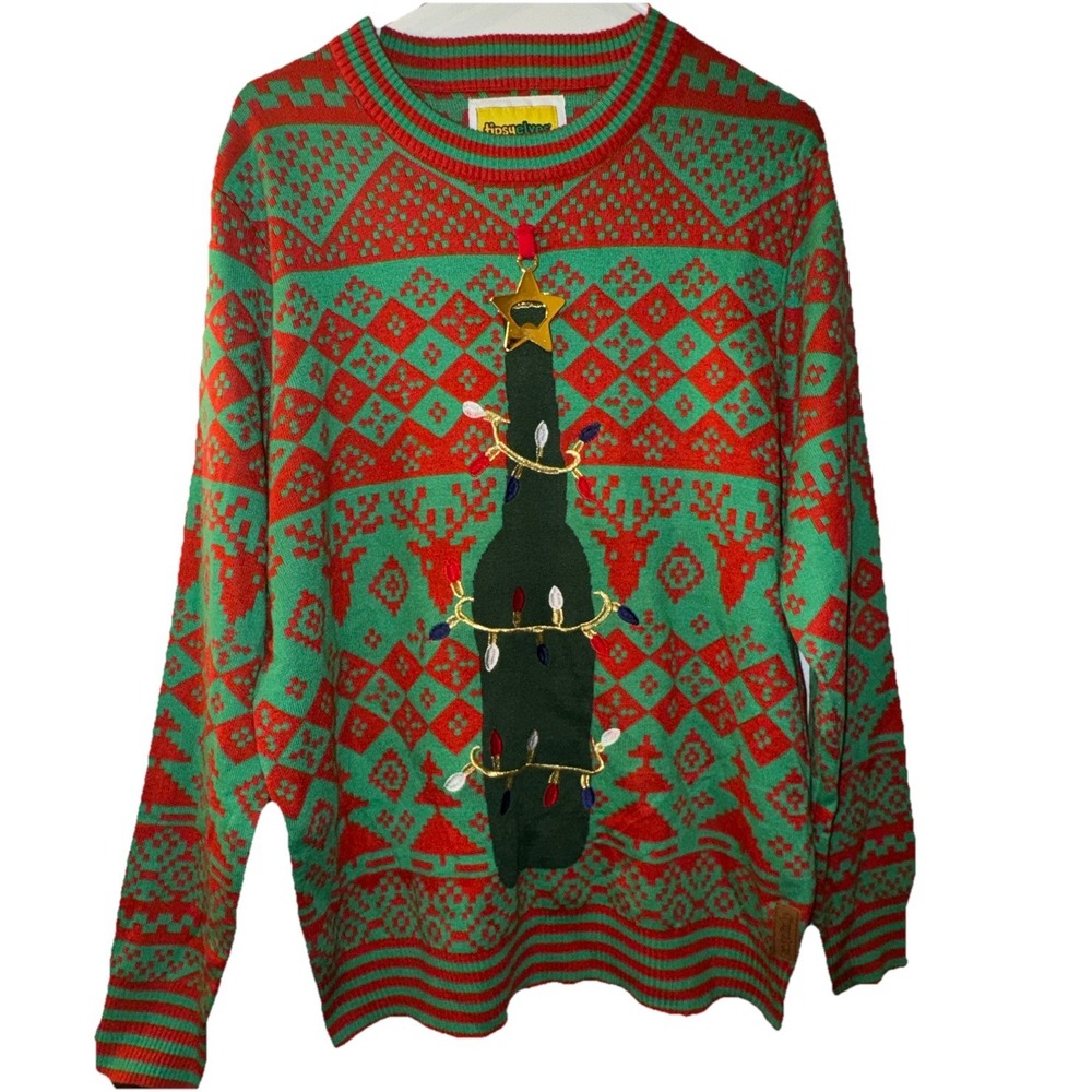 Tipsy Elves Ugly Christmas Sweater Beer Bottle Opener Party Contest Men's XL